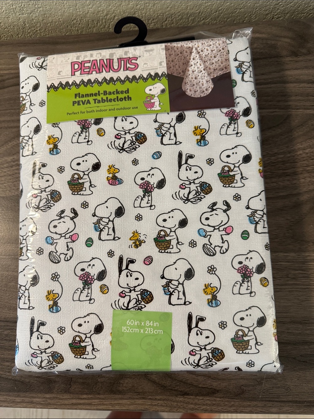 Peanuts Snoopy & Woodstock Easter Print Flannel-Backed PEVA Tablecloth, 60x84”